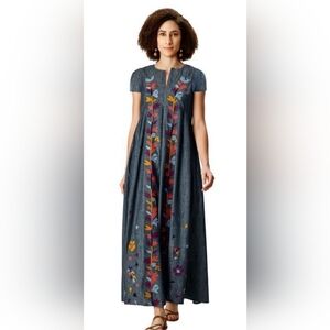 Wayward Fancies eShakti Leafy Embroidery Chambray Pleat Cotton Dress